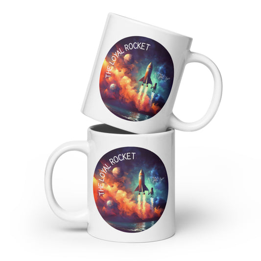Two 20 oz white, glossy coffee mugs stacked on top of each other with "The Loyal Rocket - I Got You" logo printed on them.